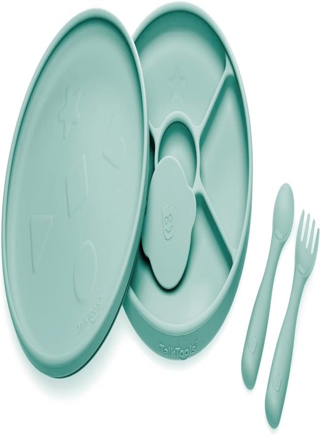 Talktools Bitsy Feeding Kid's Essentials Plate Set – Toddler Utensils, Spoon and Fork, Plate Lid, Perfect for Mealtime – Strong Suction Toddler Plates with 4 Compartments (Set-Sage) - Image 1